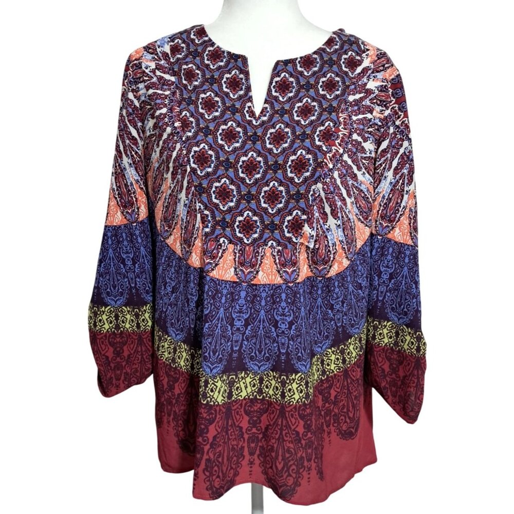 Bohemian Anthropologie Fig and Flower Tunic‎ Top Womens Size L Print Long Sleeve